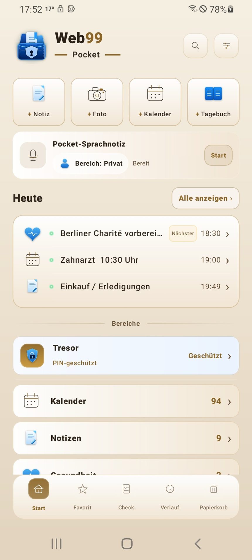 Web99 Pocket Startseite im Sand-Design